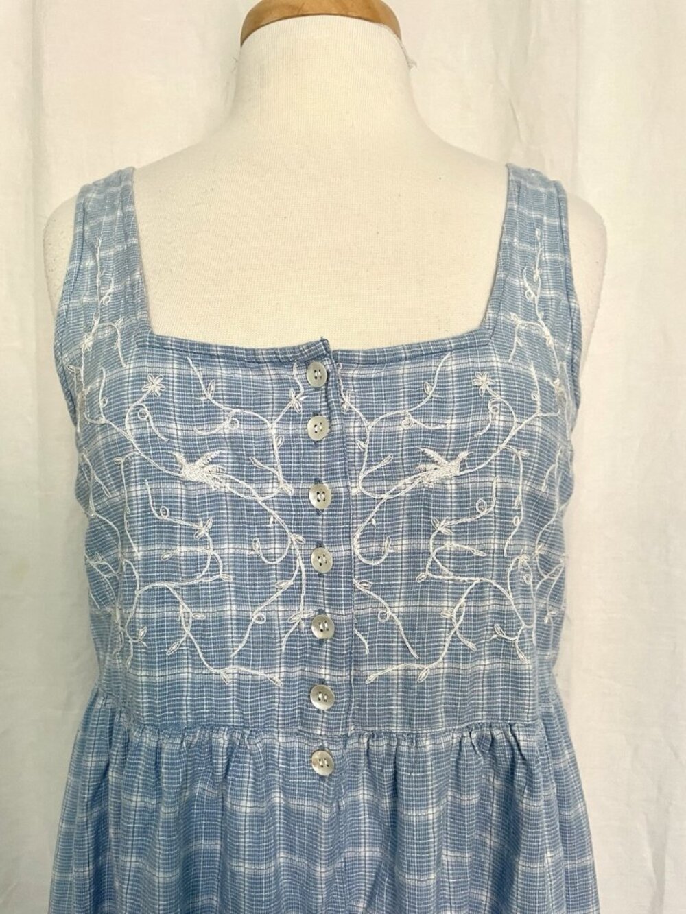 Vintage 90s APRIL CORNELL Embroidered Long Plaid Tank Dress Cottage Blue Medium - Picture 2 of 7